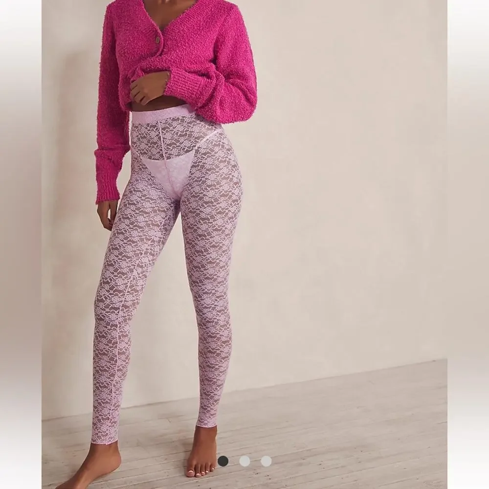 FREE PEOPLE Womens Pink Floral Sheer Lace Leggings Footless Tights Size XS - Picture 2 of 5